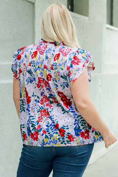 Plus Size Floral Smocked Flutter Sleeve Blouse-Teresa&#39;s Fashionista LLC