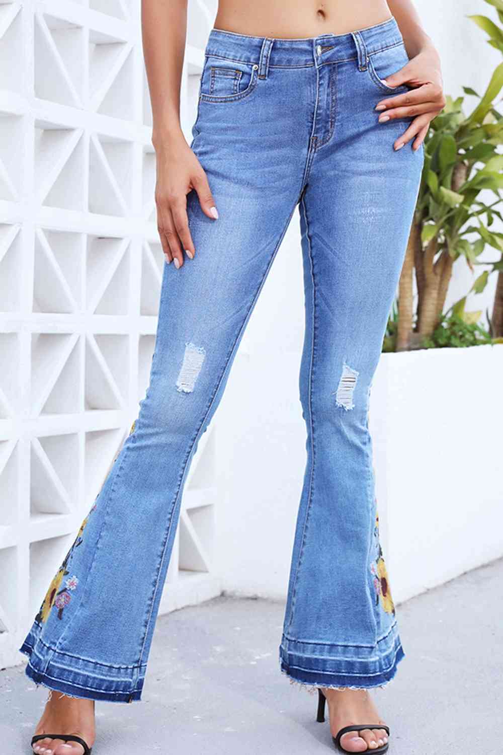 Full Size Flower Embroidery Distressed Wide Leg Jeans-Teresa&#39;s Fashionista LLC