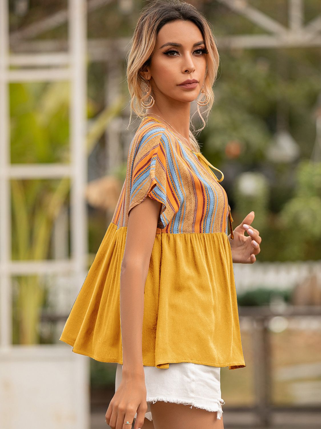 Striped Tie Neck Short Sleeve Blouse-Teresa&#39;s Fashionista LLC