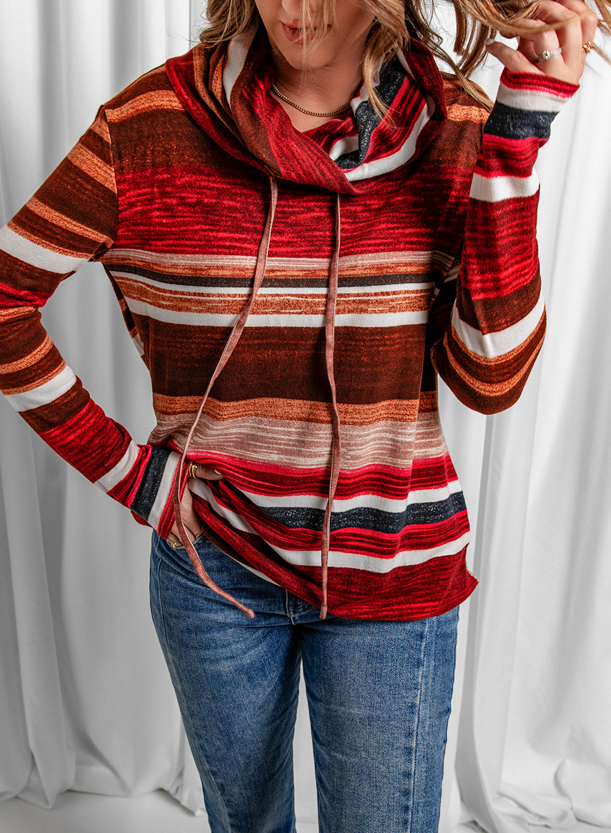 Striped Cowl Neck Tunic Sweatshirt-Teresa&#39;s Fashionista LLC