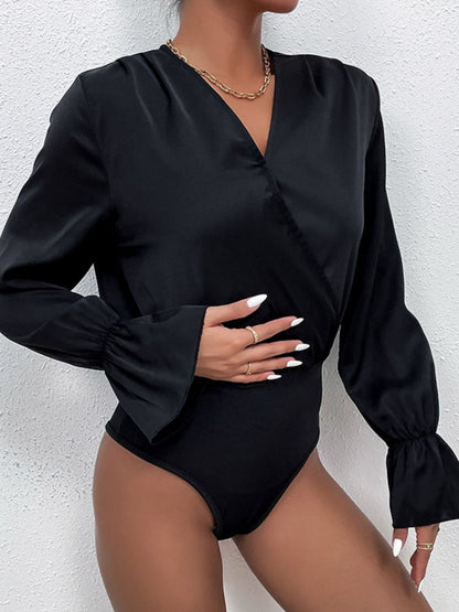 Surplice Neck Flounce Sleeve Bodysuit-Teresa&#39;s Fashionista LLC