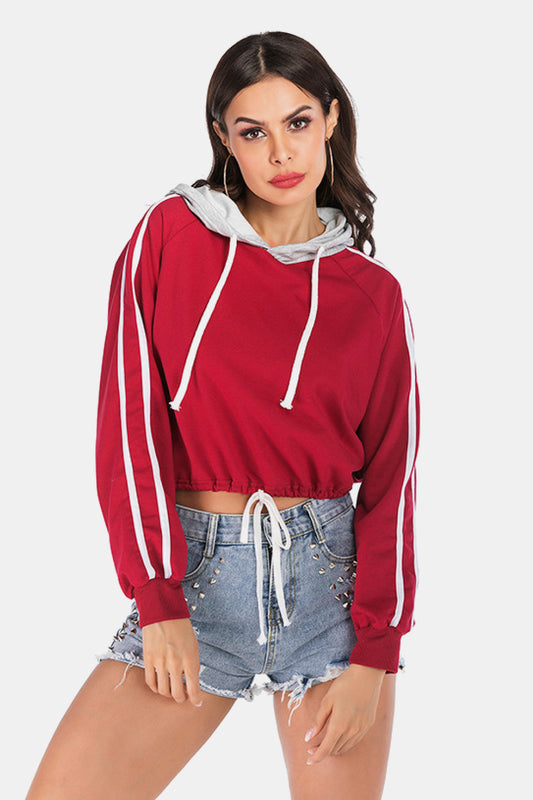 Full Size Side Stripe Drawstring Hem Cropped Hoodie-Teresa&#39;s Fashionista LLC