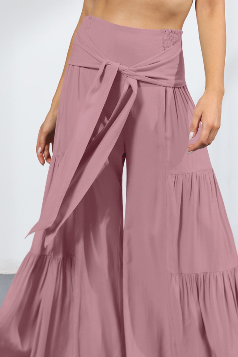 Tie Front Smocked Tiered Culottes-Teresa&#39;s Fashionista LLC