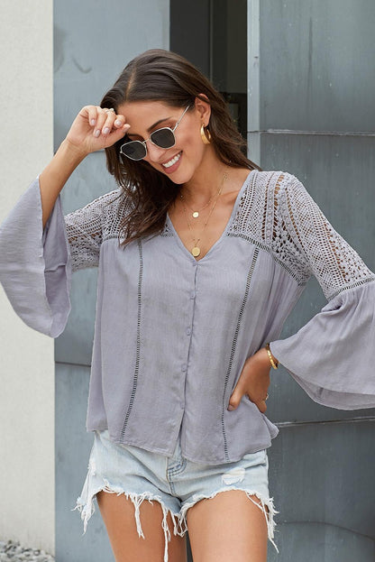 Flare Sleeve Spliced Lace V-Neck Shirt-Teresa&#39;s Fashionista LLC