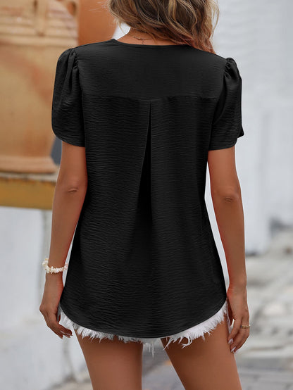 Ruche V-Neck Petal Sleeve Top-Teresa&#39;s Fashionista LLC