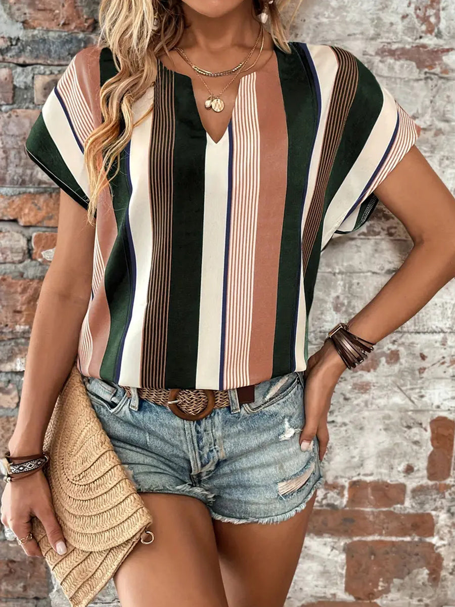 Striped Notched Neck Short Sleeve Blouse-Teresa&#39;s Fashionista LLC