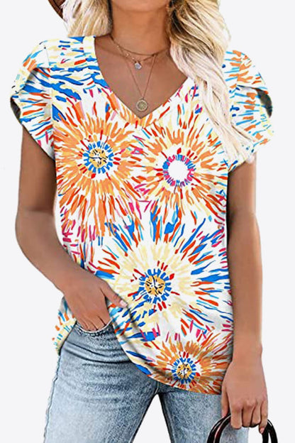 Printed Petal Sleeve V-Neck Blouse-Teresa&#39;s Fashionista LLC