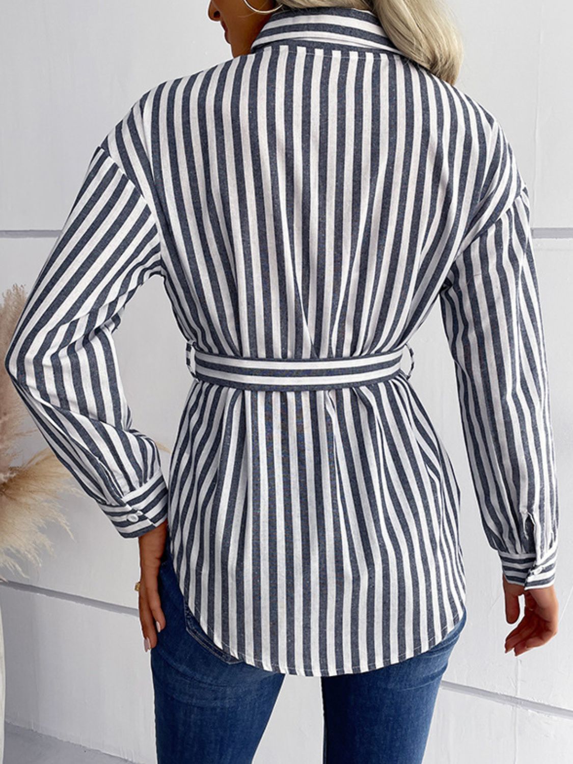 Striped Curved Hem Belted Shirt-Teresa&#39;s Fashionista LLC