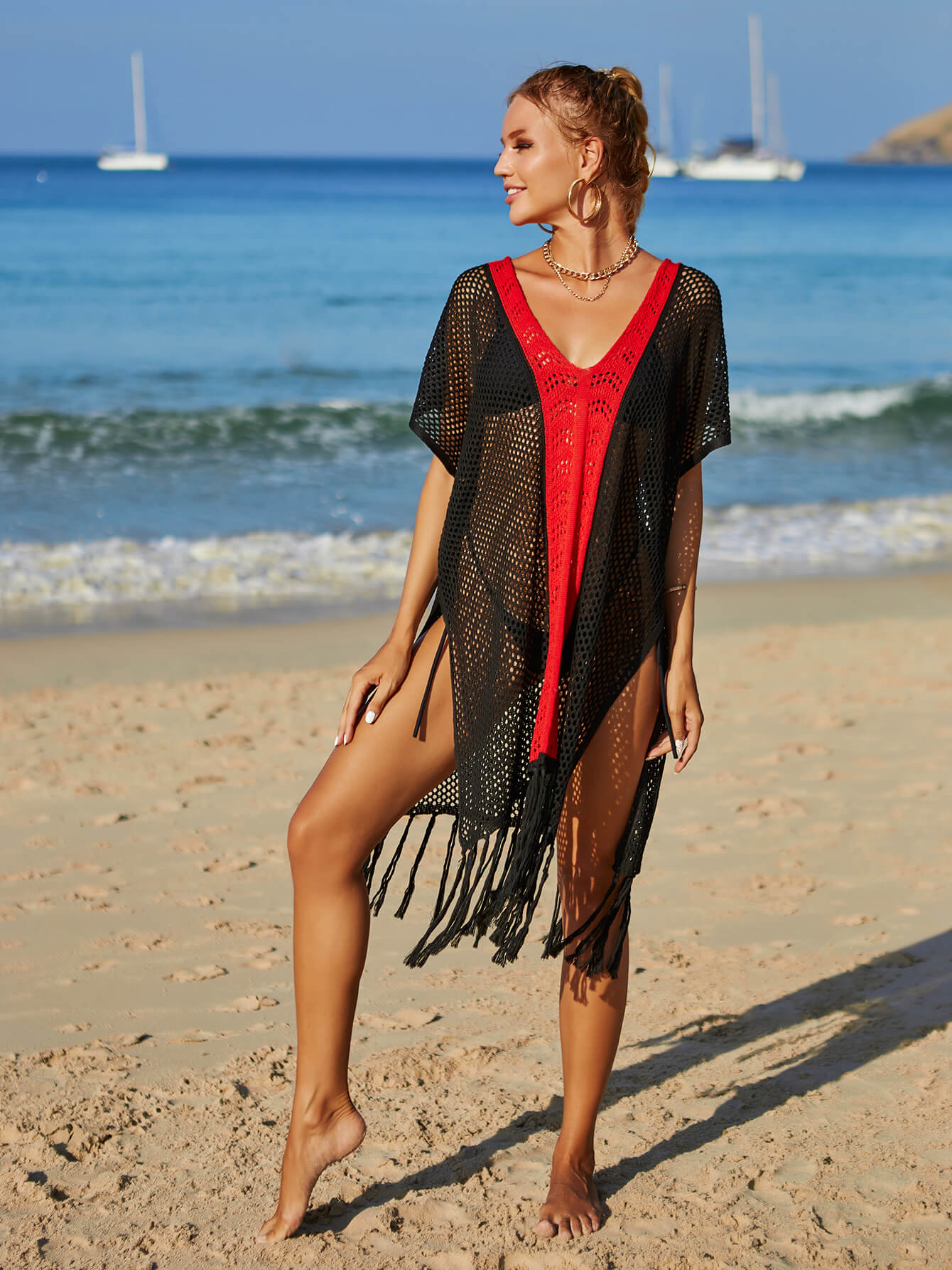 Contrast Fringe Trim Openwork Cover-Up Dress-Teresa&#39;s Fashionista LLC