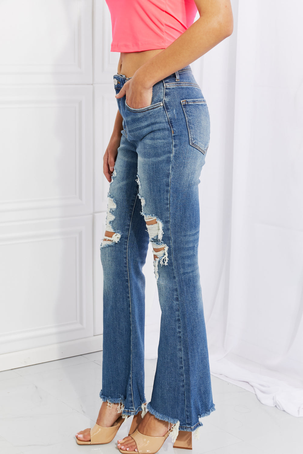 RISEN Full Size Hazel High Rise Distressed Flare Jeans-Teresa&#39;s Fashionista LLC