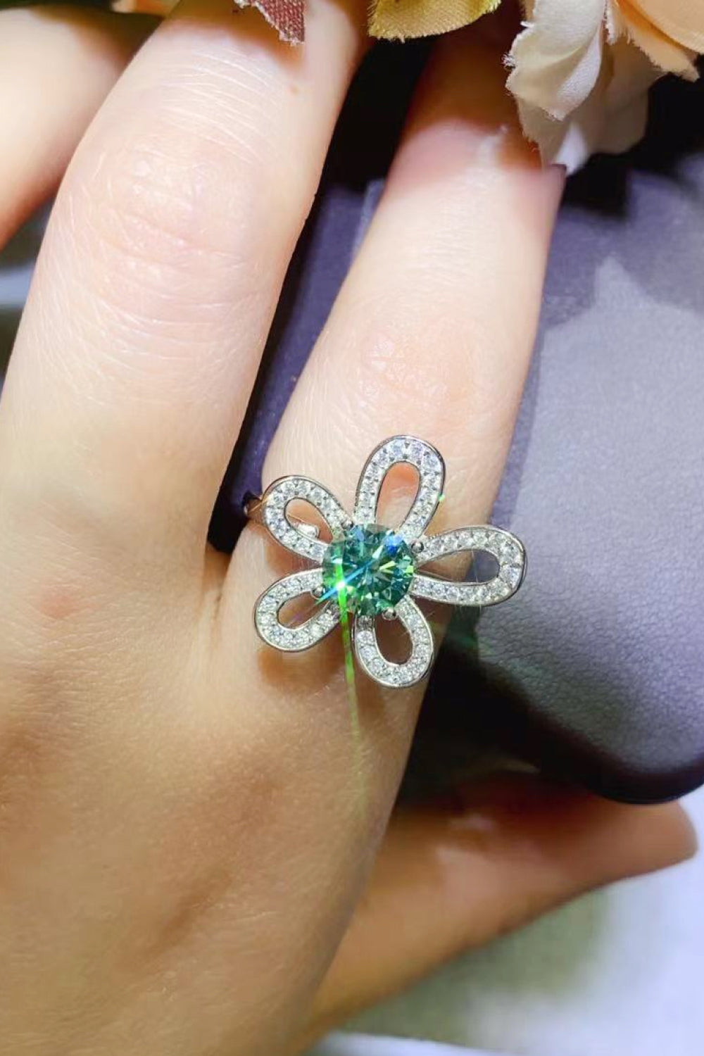 1 Carat Moissanite Flower Shape Open Ring-Teresa&#39;s Fashionista LLC