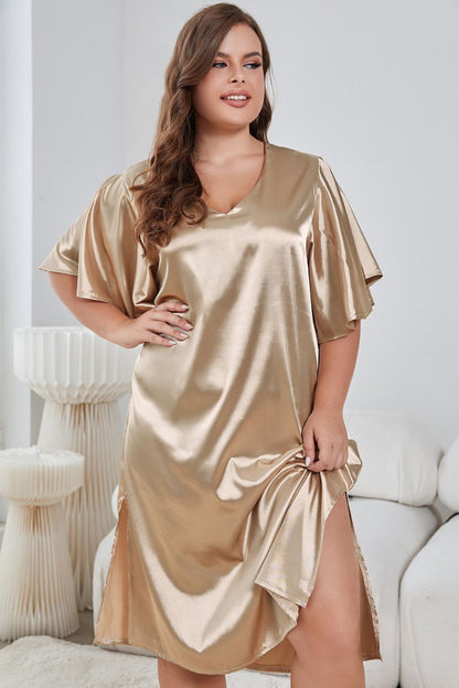 Plus Size Flutter Sleeve V-Neck Side Slit Night Gown-Teresa&#39;s Fashionista LLC