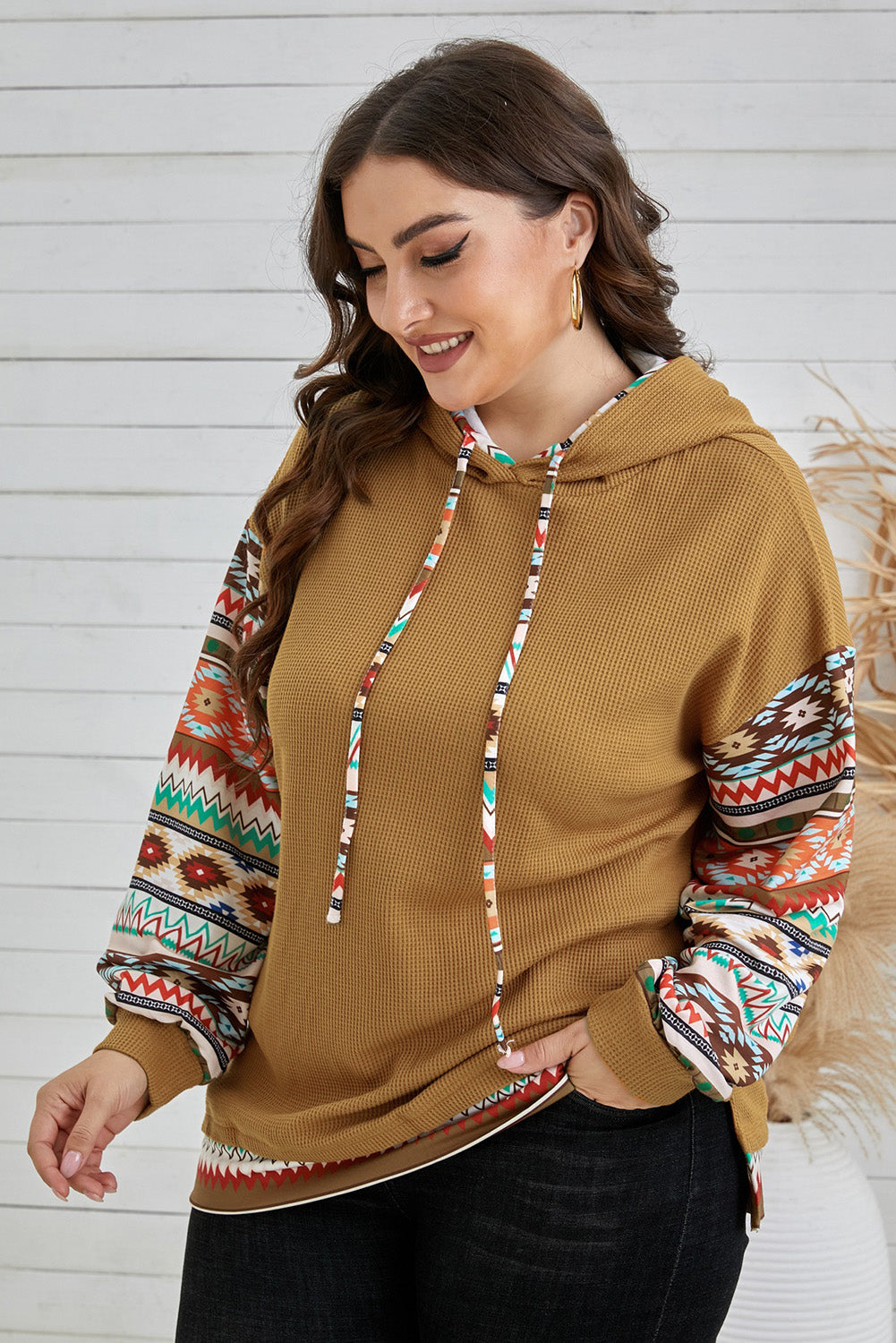 Plus Size Printed Side Slit Waffle-Knit Hoodie-Teresa&#39;s Fashionista LLC