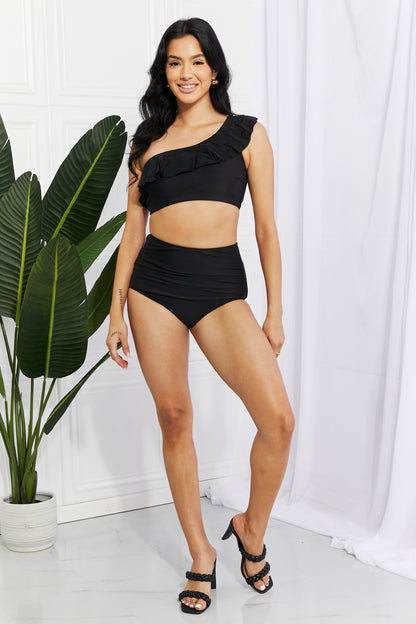 Marina West Swim Seaside Romance Ruffle One-Shoulder Bikini in Black-Teresa&#39;s Fashionista LLC