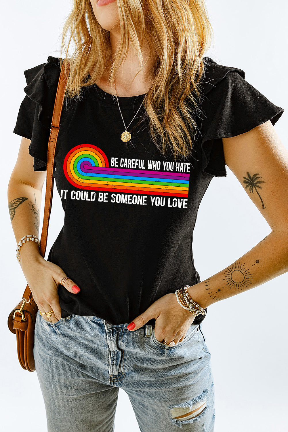 Slogan Graphic Layered Flutter Sleeve Top-Teresa&#39;s Fashionista LLC