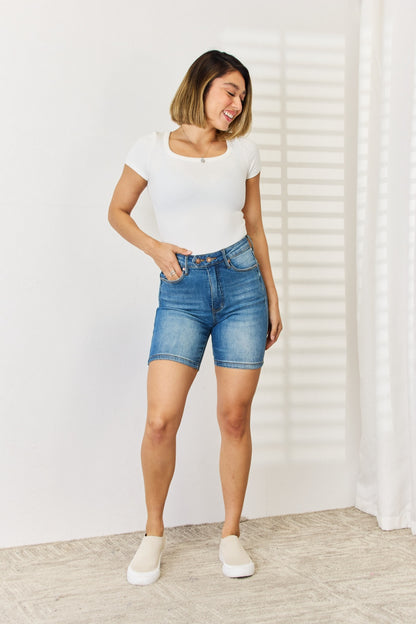 Judy Blue Full Size Tummy Control Double Button Bermuda Denim Shorts-Teresa&#39;s Fashionista LLC