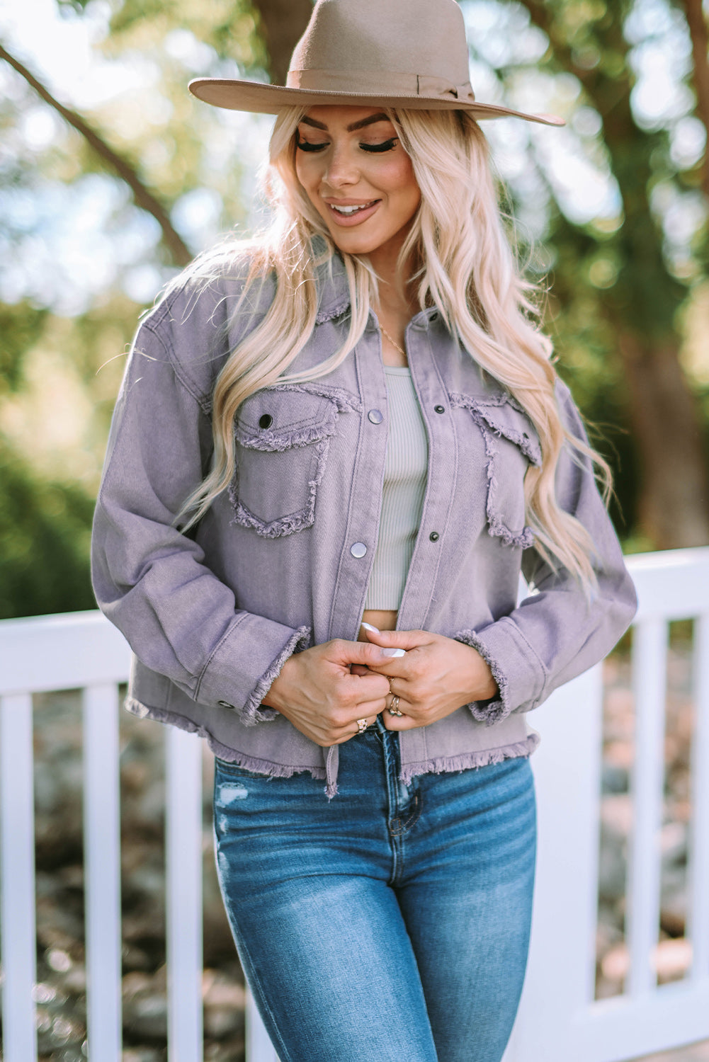 Frayed Trim Snap Down Denim Jacket-Teresa&#39;s Fashionista LLC