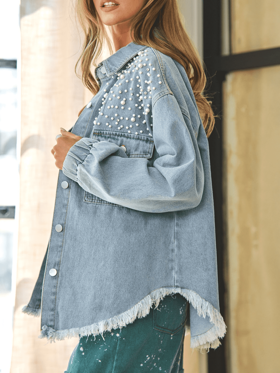 Collared Neck Raw Hem Dropped Shoulder Denim Jacket-Teresa&#39;s Fashionista LLC