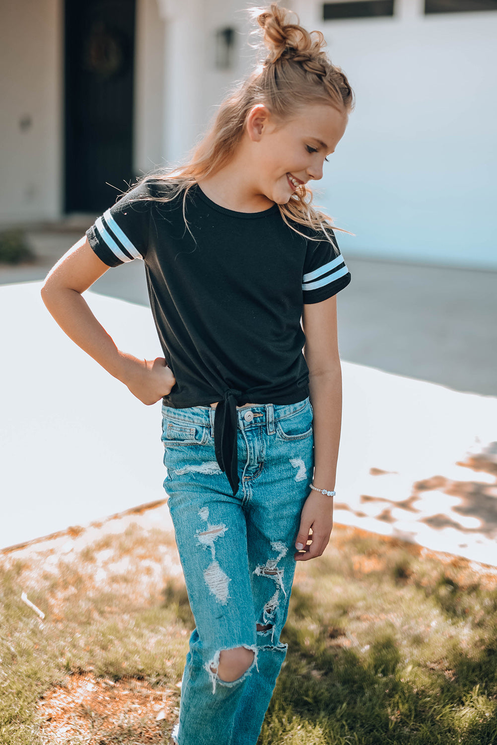 Girls Striped Tie Front T-Shirt-Teresa&#39;s Fashionista LLC