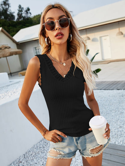 Lace Trim V-Neck Ribbed Knit Tank-Teresa&#39;s Fashionista LLC