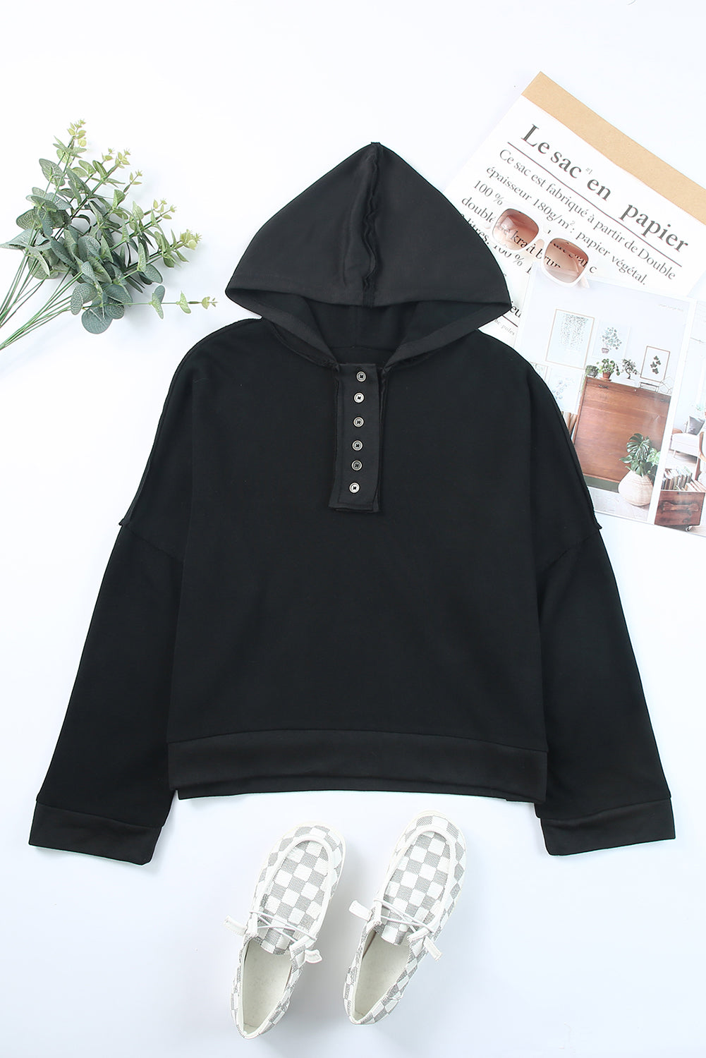 Quarter-Button Exposed Seam Dropped Shoulder Hoodie-Teresa&#39;s Fashionista LLC