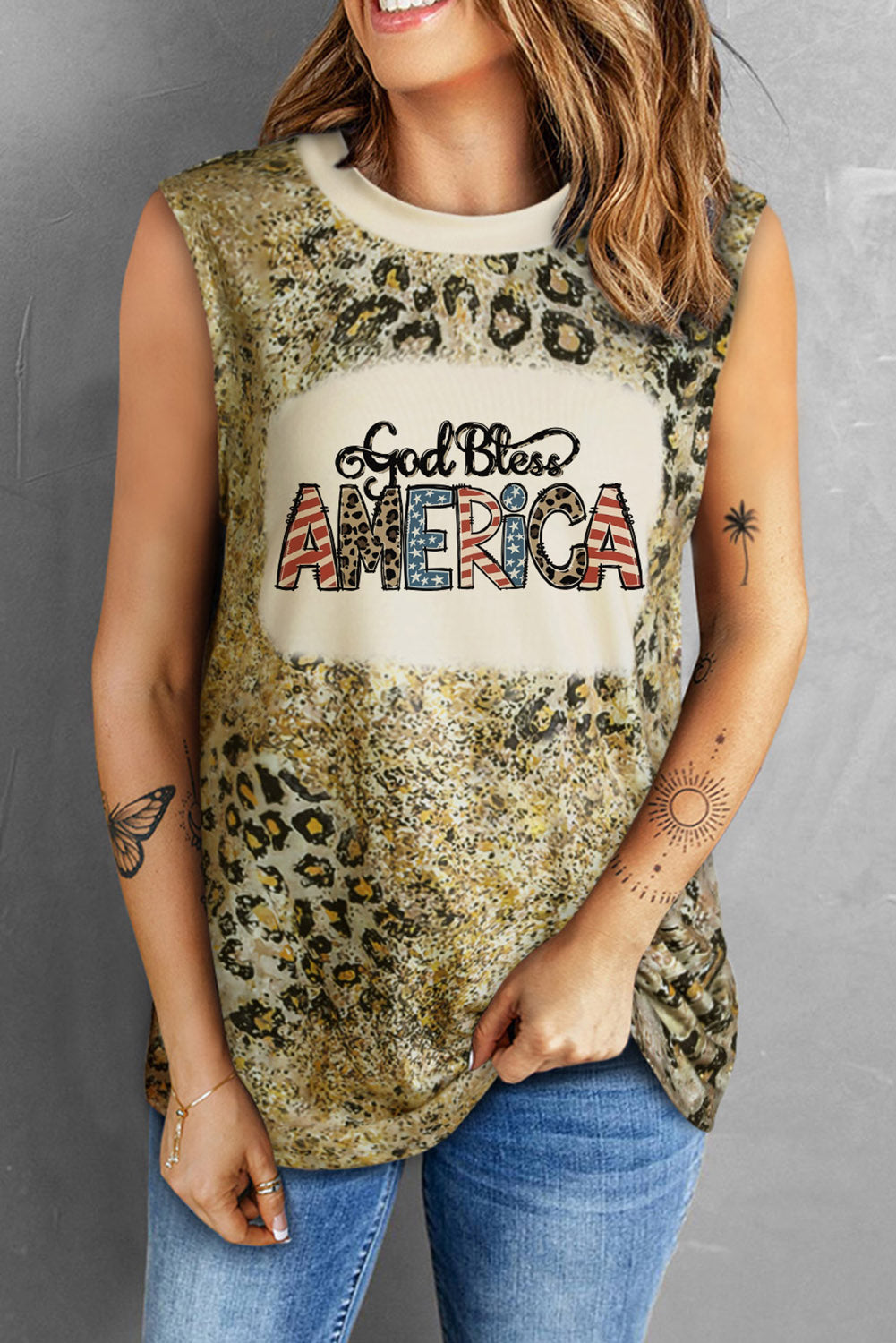 GOD BLESS AMERICA Graphic Leopard Tank-Teresa&#39;s Fashionista LLC