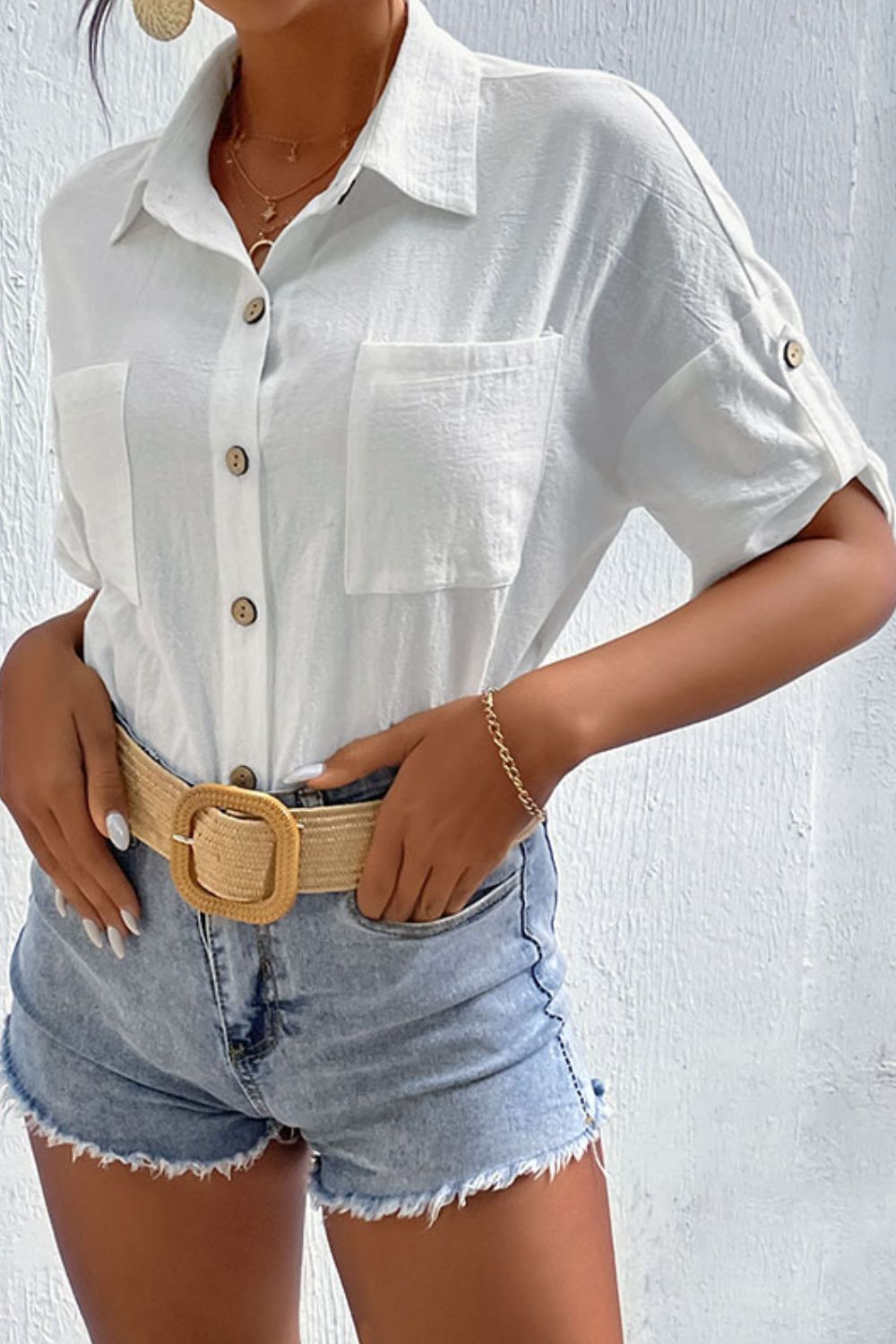 Roll-Tab Sleeve Shirt with Pockets-Teresa&#39;s Fashionista LLC