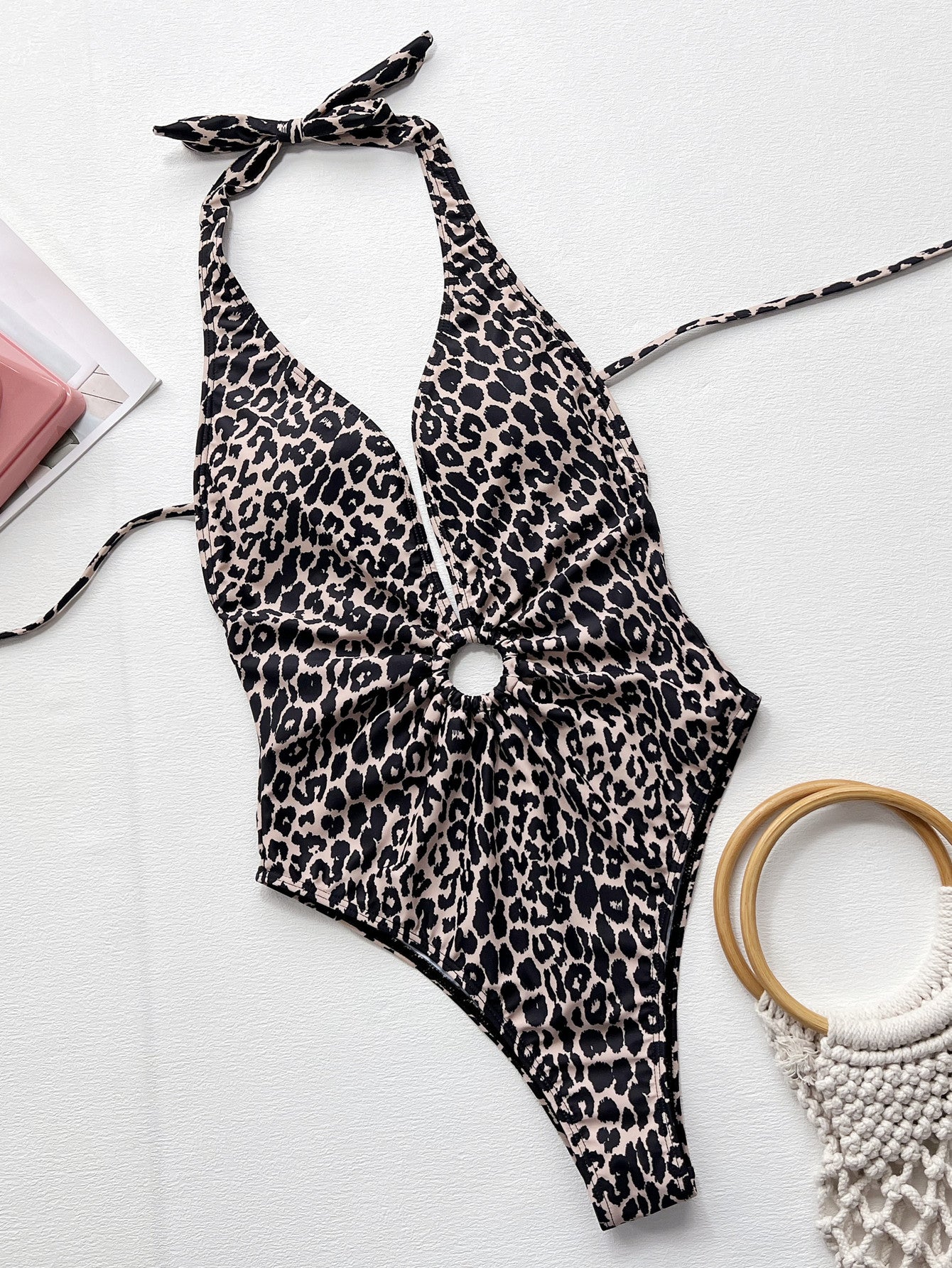 Leopard Halter Neck Ring Detail One-Piece Swimsuit-Teresa&#39;s Fashionista LLC