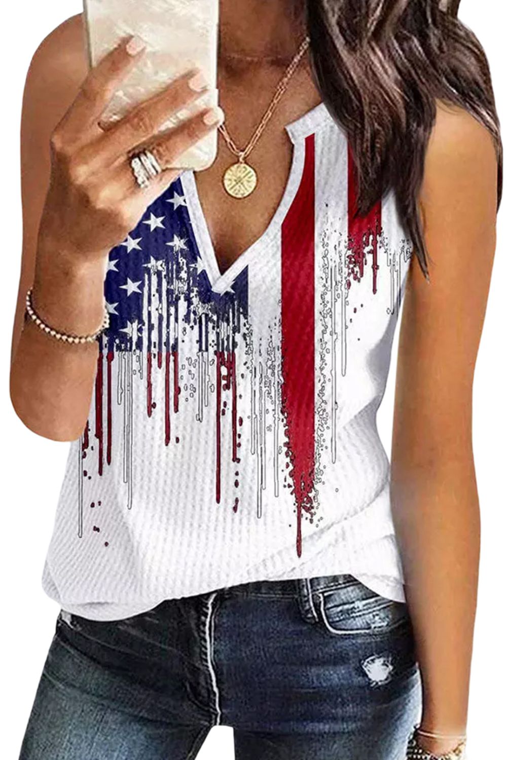 US Flag Notched Neck Tank-Teresa&#39;s Fashionista LLC