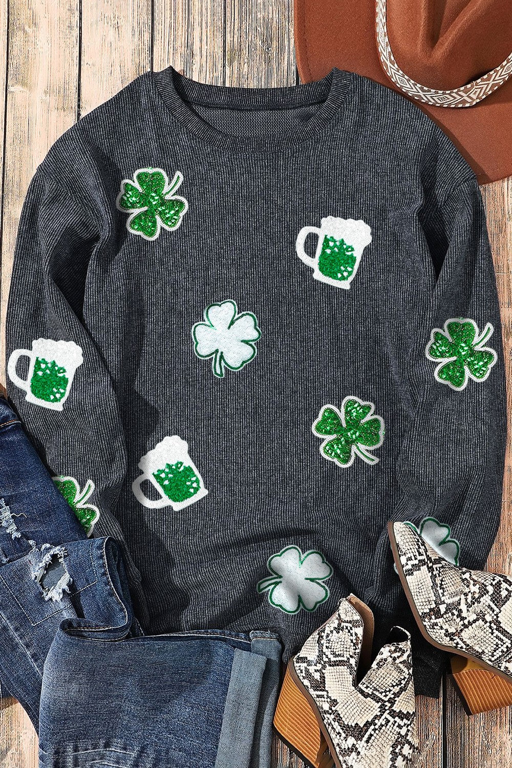 Lucky Clover Beer Sequin Round Neck Sweatshirt-Teresa&#39;s Fashionista LLC