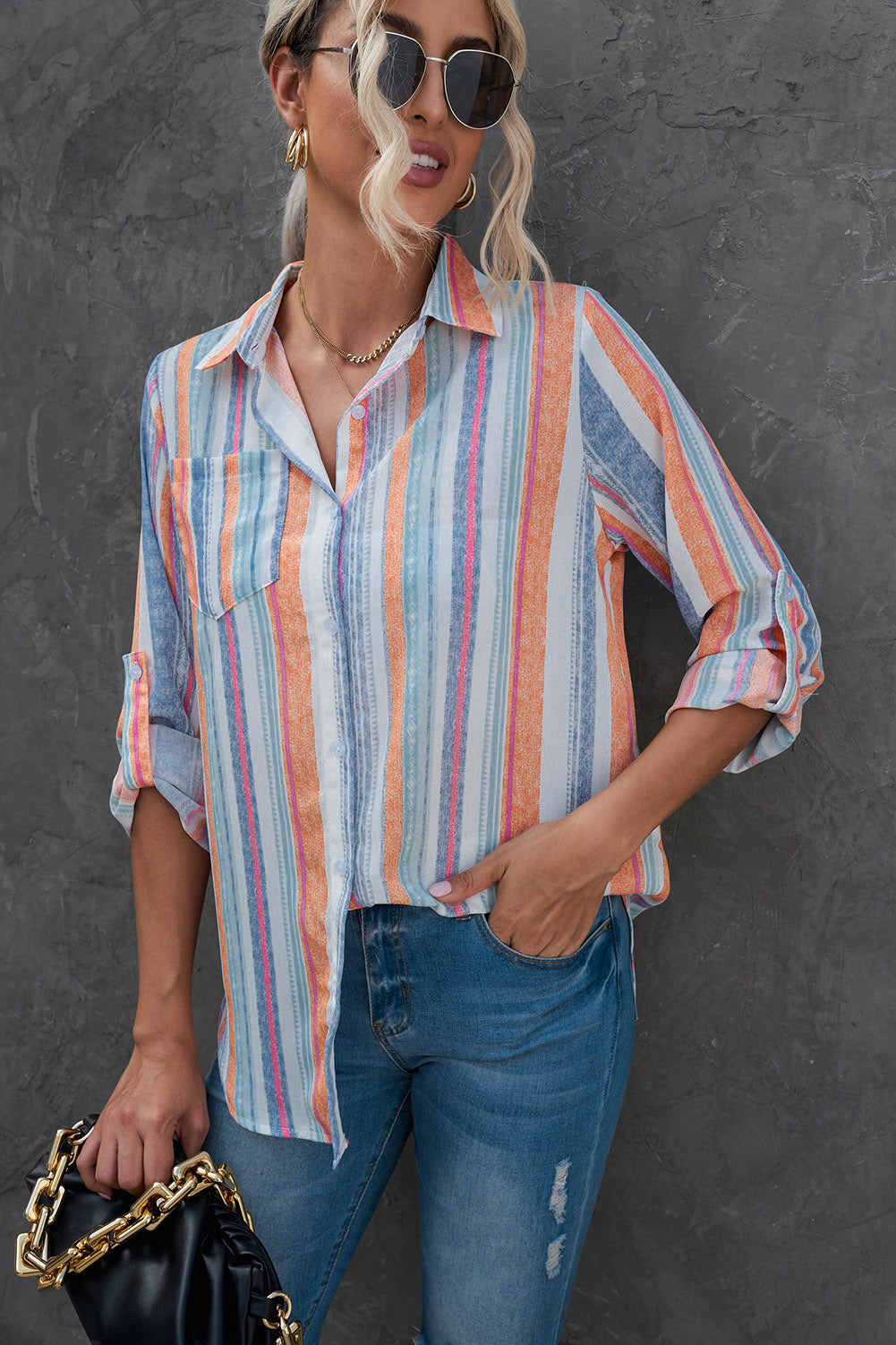 Striped Button-Up Curved Hem Shirt with Breast Pocket-Teresa&#39;s Fashionista LLC