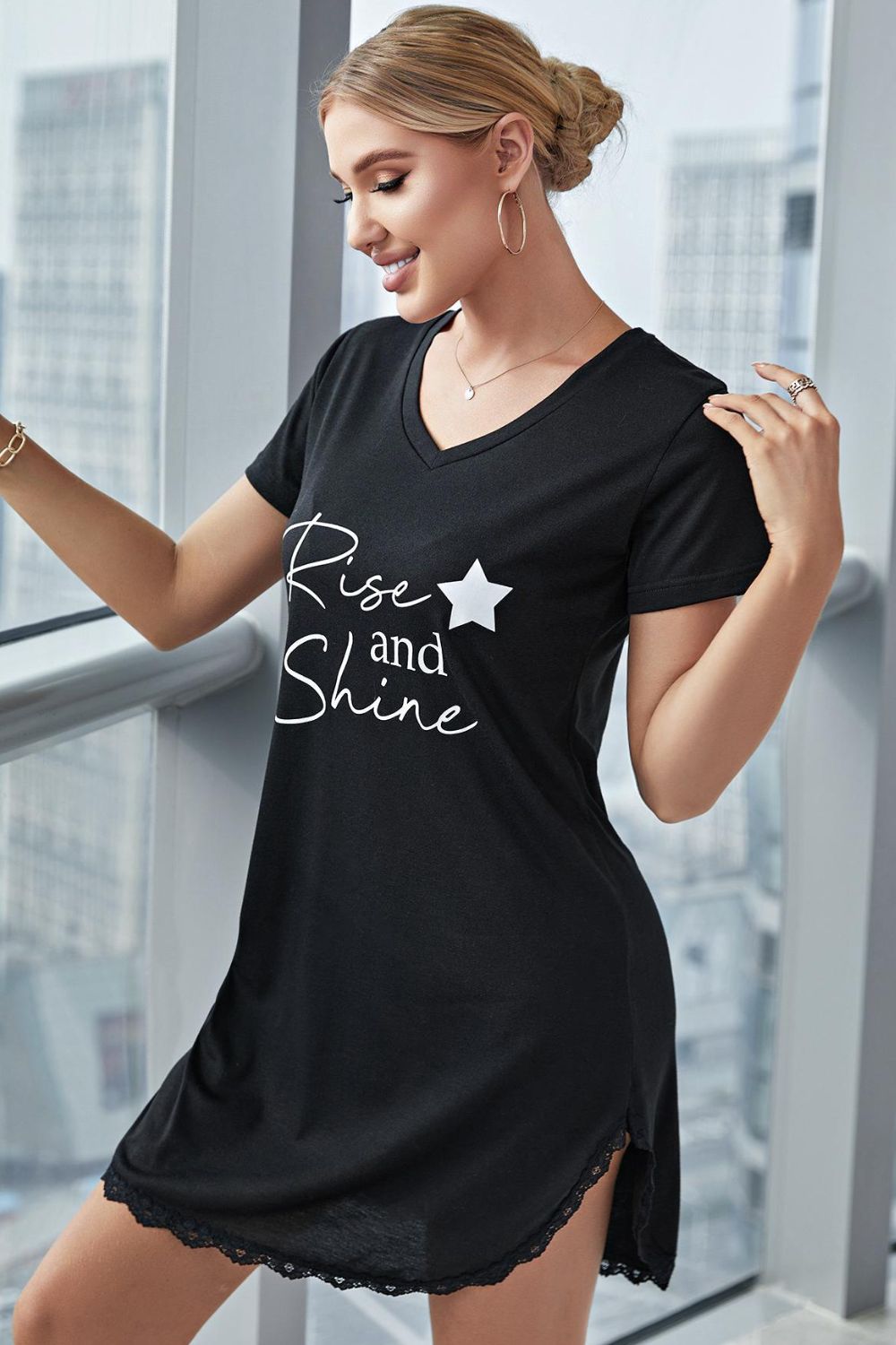 RISE AND SHINE Contrast Lace V-Neck T-Shirt Dress-Teresa&#39;s Fashionista LLC