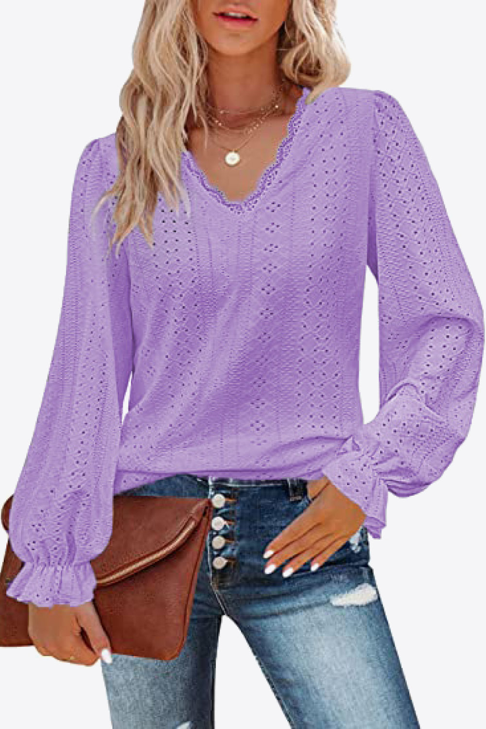 Eyelet V-Neck Flounce Sleeve Blouse-Teresa&#39;s Fashionista LLC