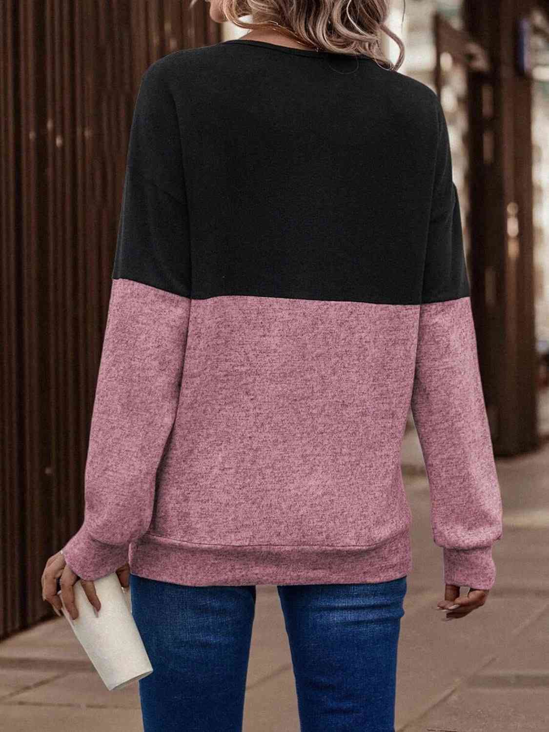 Two-Tone Crisscross Detail Sweatshirt-Teresa&#39;s Fashionista LLC