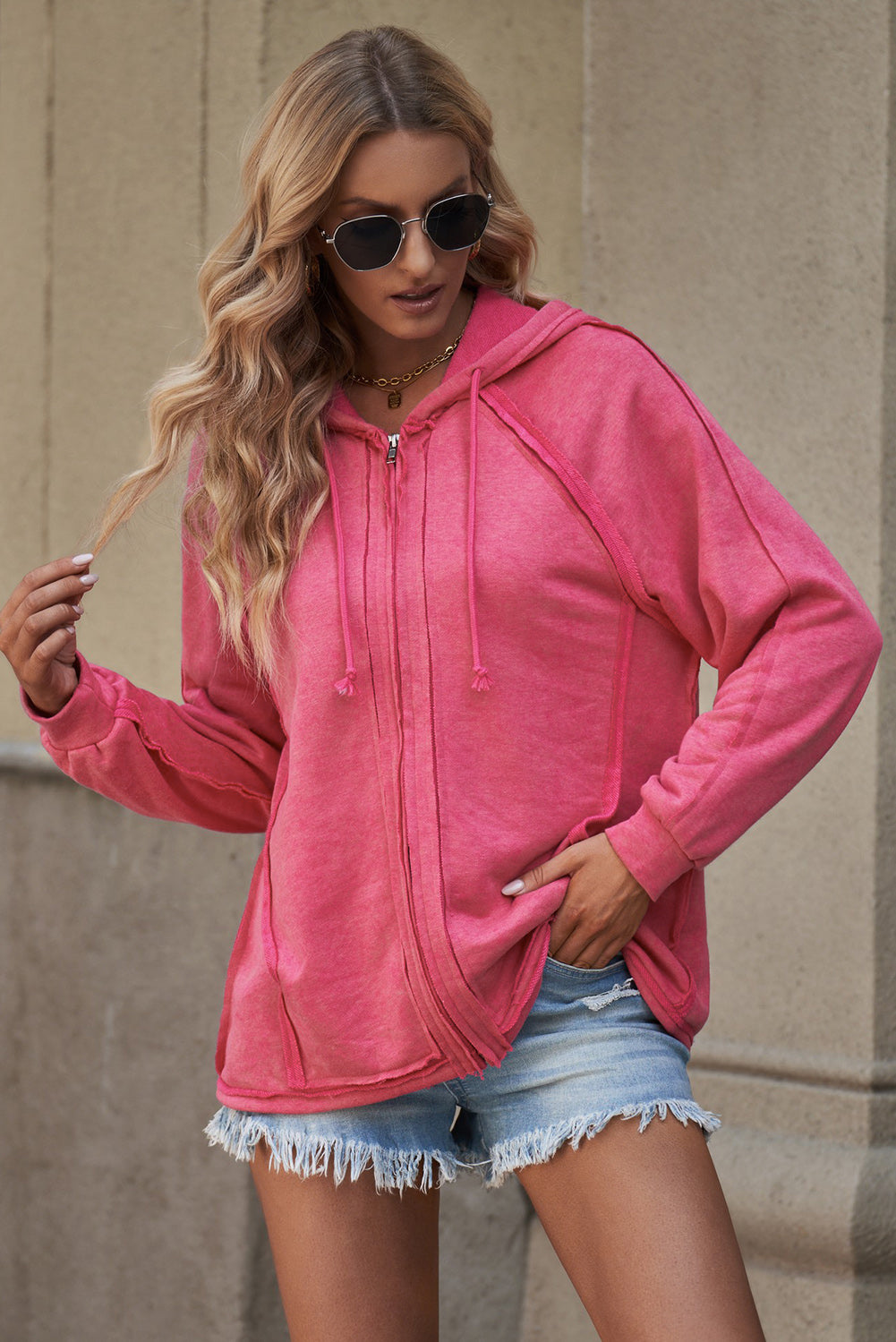 Exposed Seam Drawstring Hooded Jacket with Pockets-Teresa&#39;s Fashionista LLC