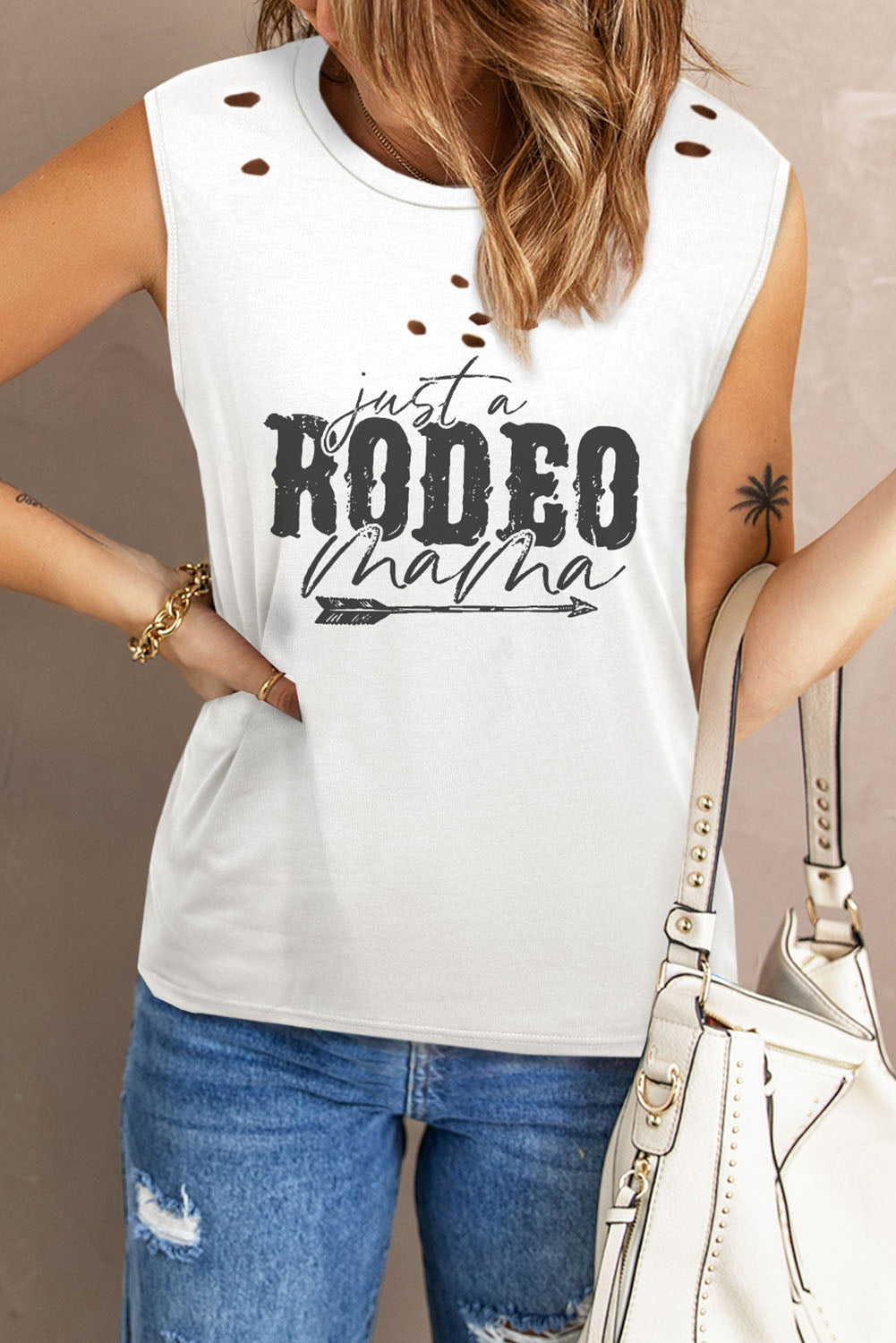 JUST A RODEO MAMA Graphic Distressed Tank-Teresa&#39;s Fashionista LLC