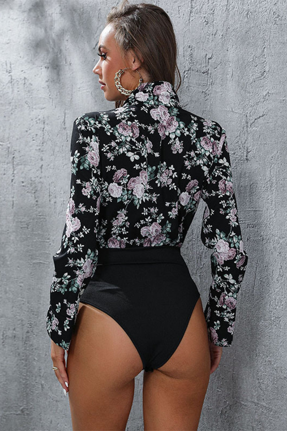 Floral Lapel Collar Spliced Bodysuit-Teresa&#39;s Fashionista LLC