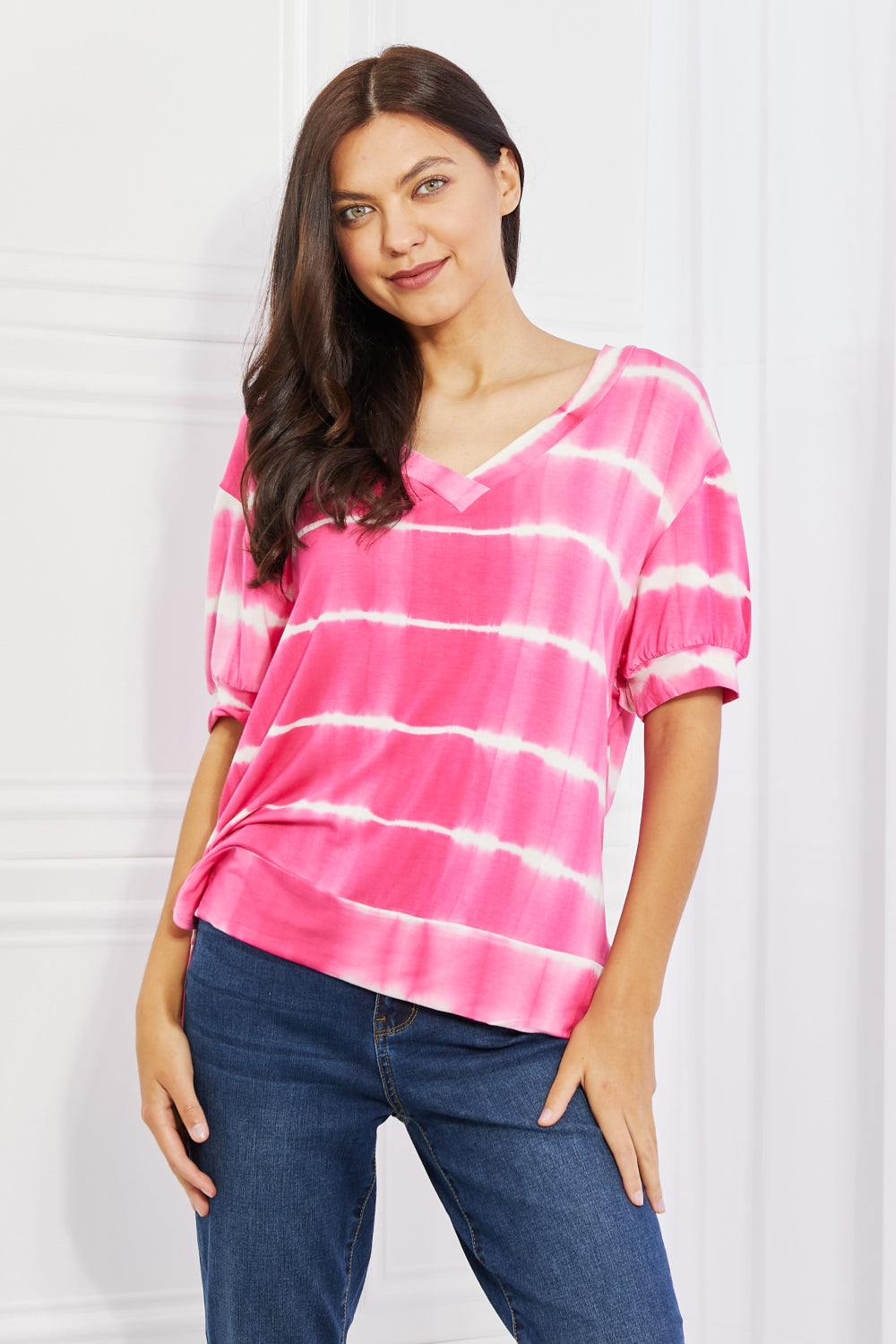 Yelete Full Size Oversized Fit V-Neck Striped Top-Teresa&#39;s Fashionista LLC