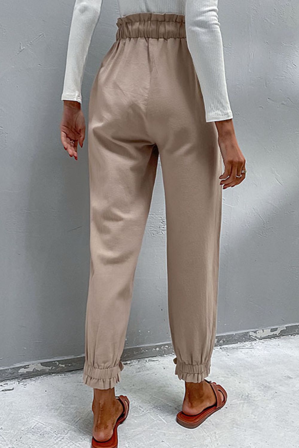 Drawstring Paperbag Waist Button Detail Pants-Teresa&#39;s Fashionista LLC