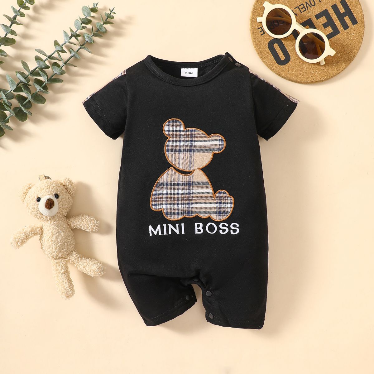 Baby MINI BOSS Bear Graphic Short Sleeve Romper-Teresa&#39;s Fashionista LLC