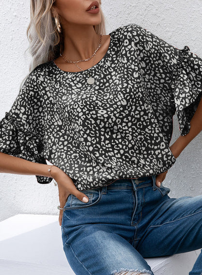 Leopard Round Neck Frill Trim Blouse-Teresa&#39;s Fashionista LLC