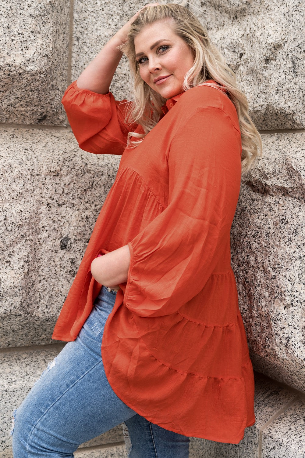 Plus Size Collared Balloon Sleeve Shirt-Teresa&#39;s Fashionista LLC