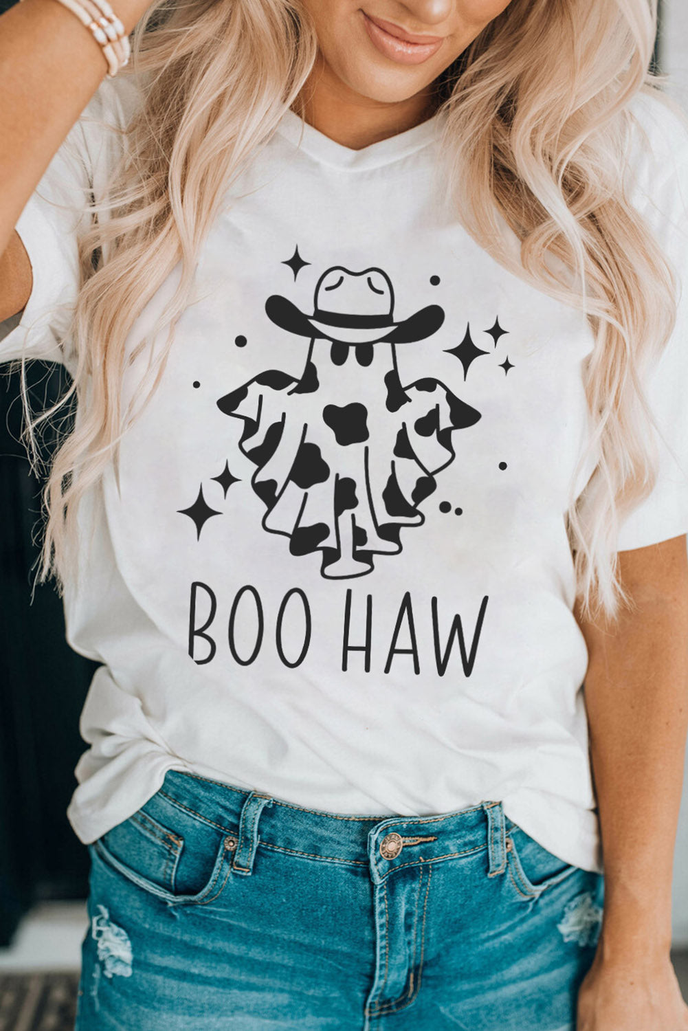 V-Neck Short Sleeve BOO HAW Ghost Graphic T-Shirt-Teresa&#39;s Fashionista LLC