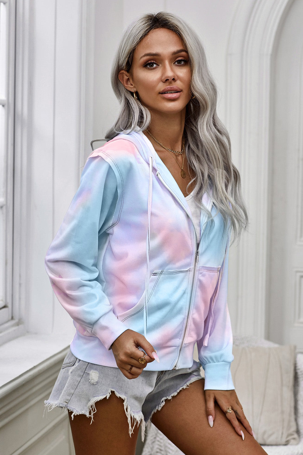 Tie-Dye Drawstring Detail Zip Up Hooded Jacket-Teresa&#39;s Fashionista LLC