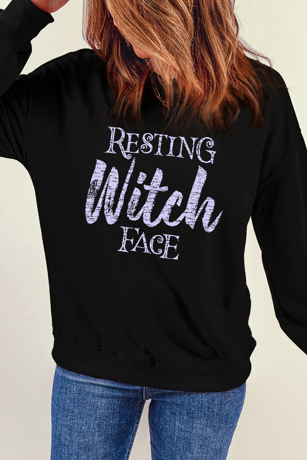 Round Neck Long Sleeve RESTING WITCH FACE Graphic Sweatshirt-Teresa&#39;s Fashionista LLC