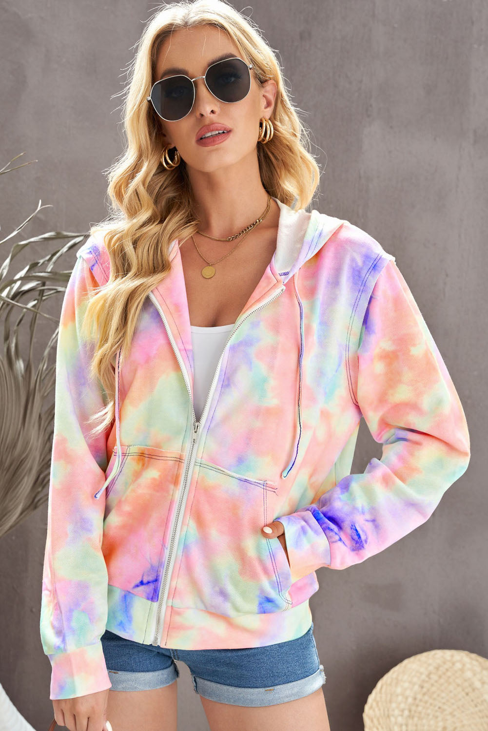 Tie-Dye Drawstring Detail Zip Up Hooded Jacket-Teresa&#39;s Fashionista LLC