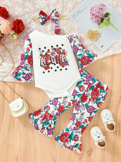 ALOHA Printed Bodysuit and Flare Pants Set-Teresa&#39;s Fashionista LLC