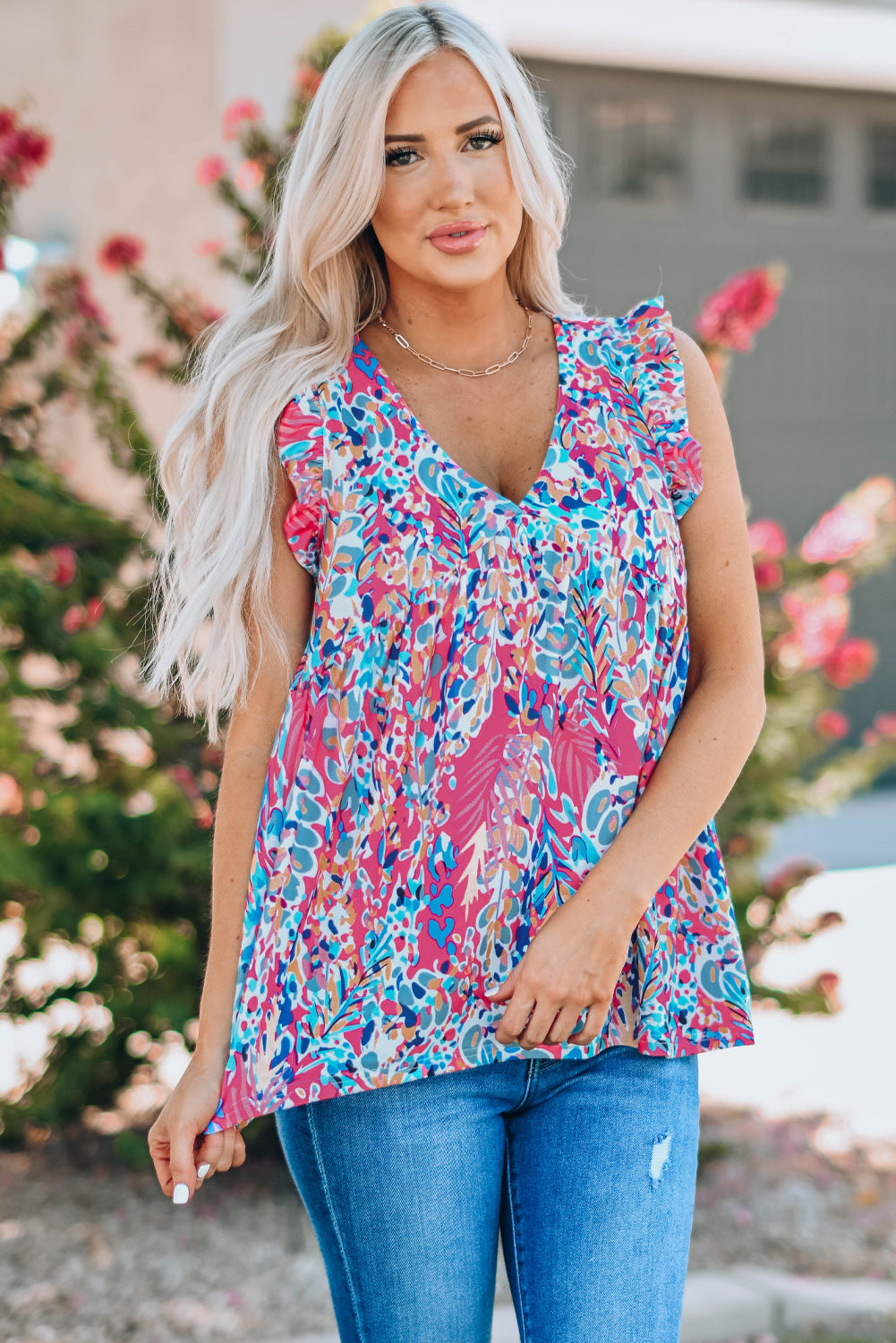 Printed Flutter Sleeve V-Neck Top cf-Teresa&#39;s Fashionista LLC