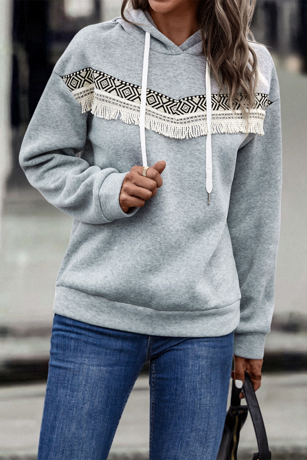 Contrast Fringe Detail Dropped Shoulder Hoodie-Teresa&#39;s Fashionista LLC