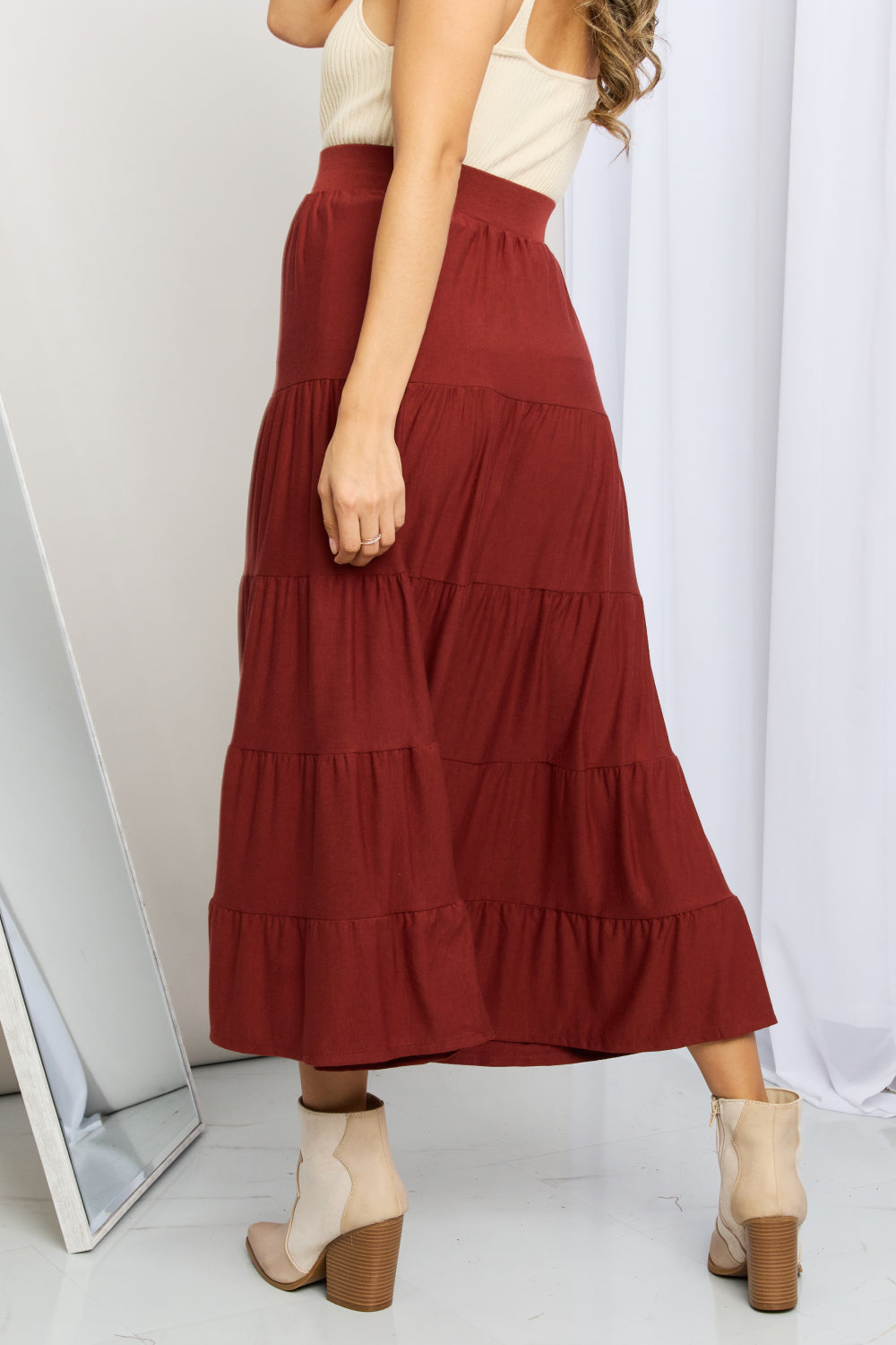 Zenana Full Size Wide Waistband Tiered Midi Skirt-Teresa&#39;s Fashionista LLC